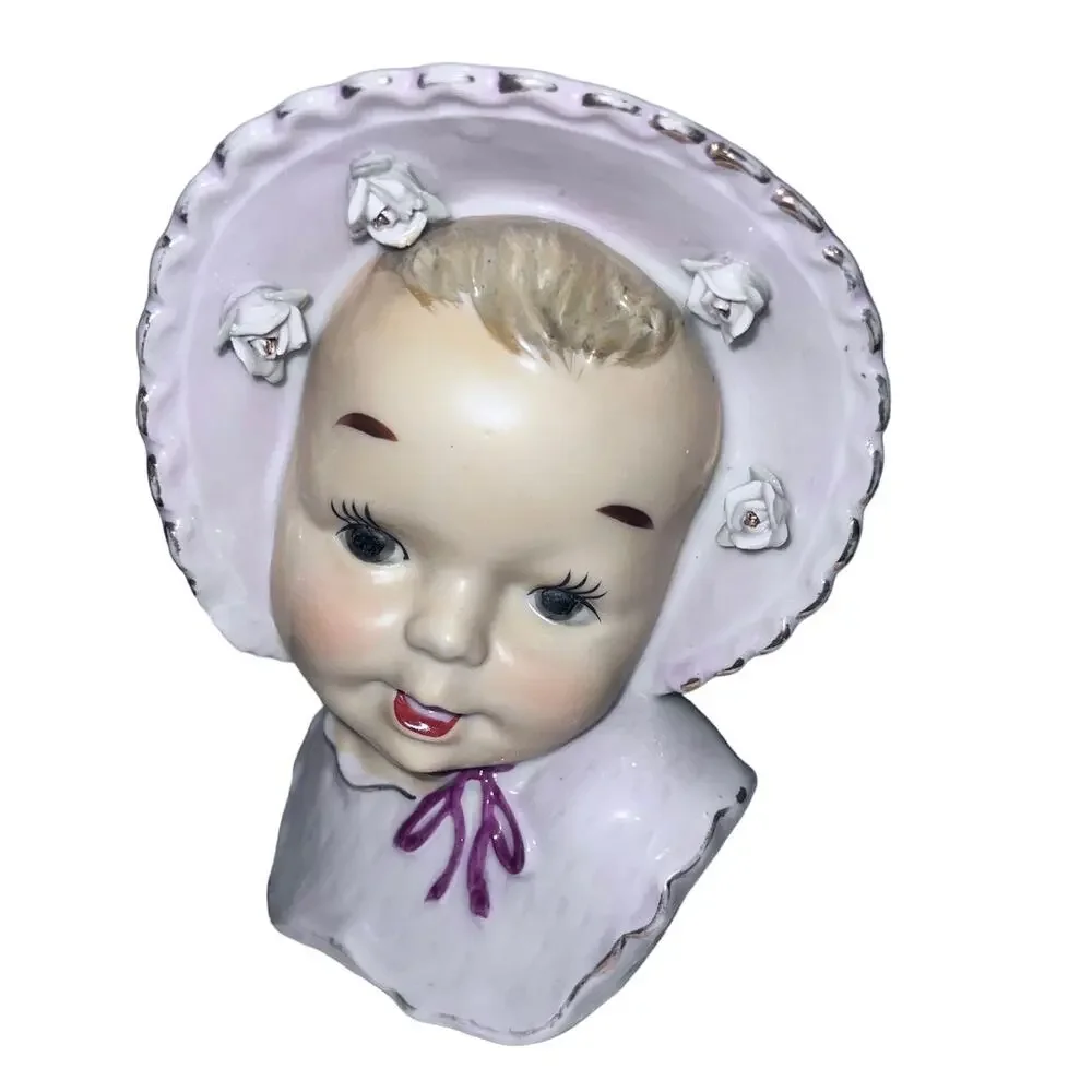 Baby Girl Figurine Head Vase Pink Bonnet and White Flowers C2200 6x4 Vintage
